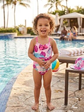 Girls Pink Tropical One-Piece Swimsuit with Bow